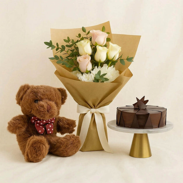 Sweet Teddy Bear n Flower Bouquet - With Chocolate Cake
