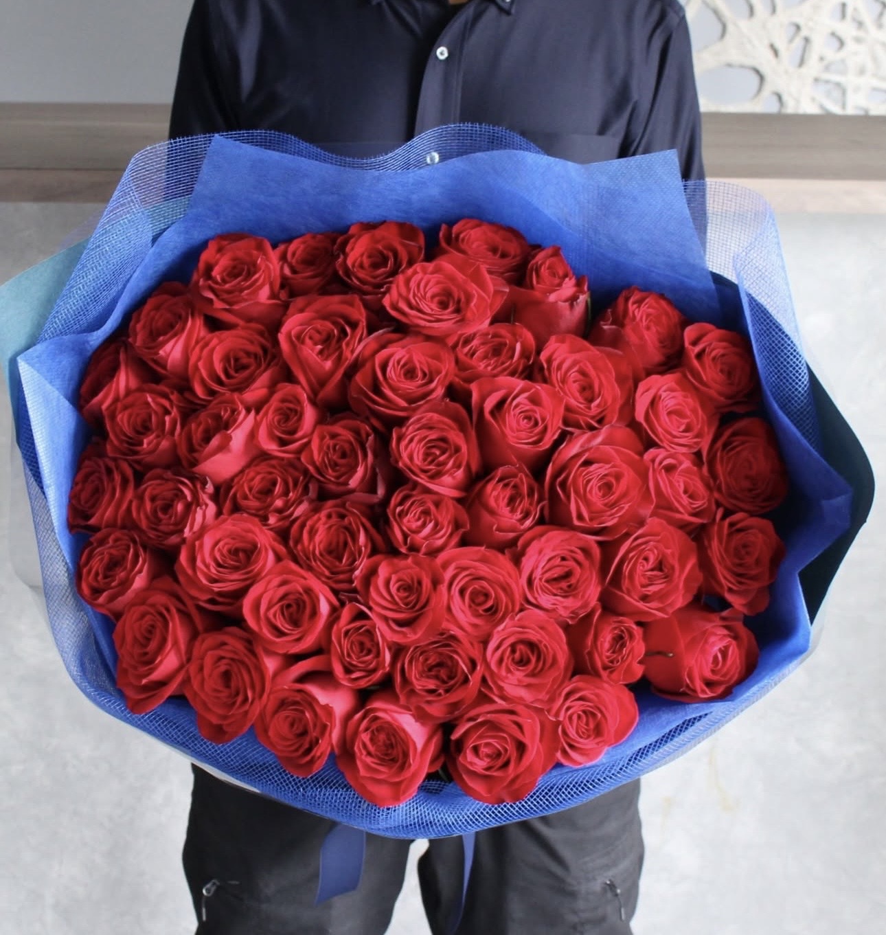 F FABULOUS RED IN BLUE BOUQUET
